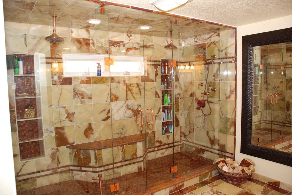 huge double shower and red and green onyx and copper fixtures and double shower doors dreamworks remodeling img 6001e44a03768770 9 9164 1 0ed98c2